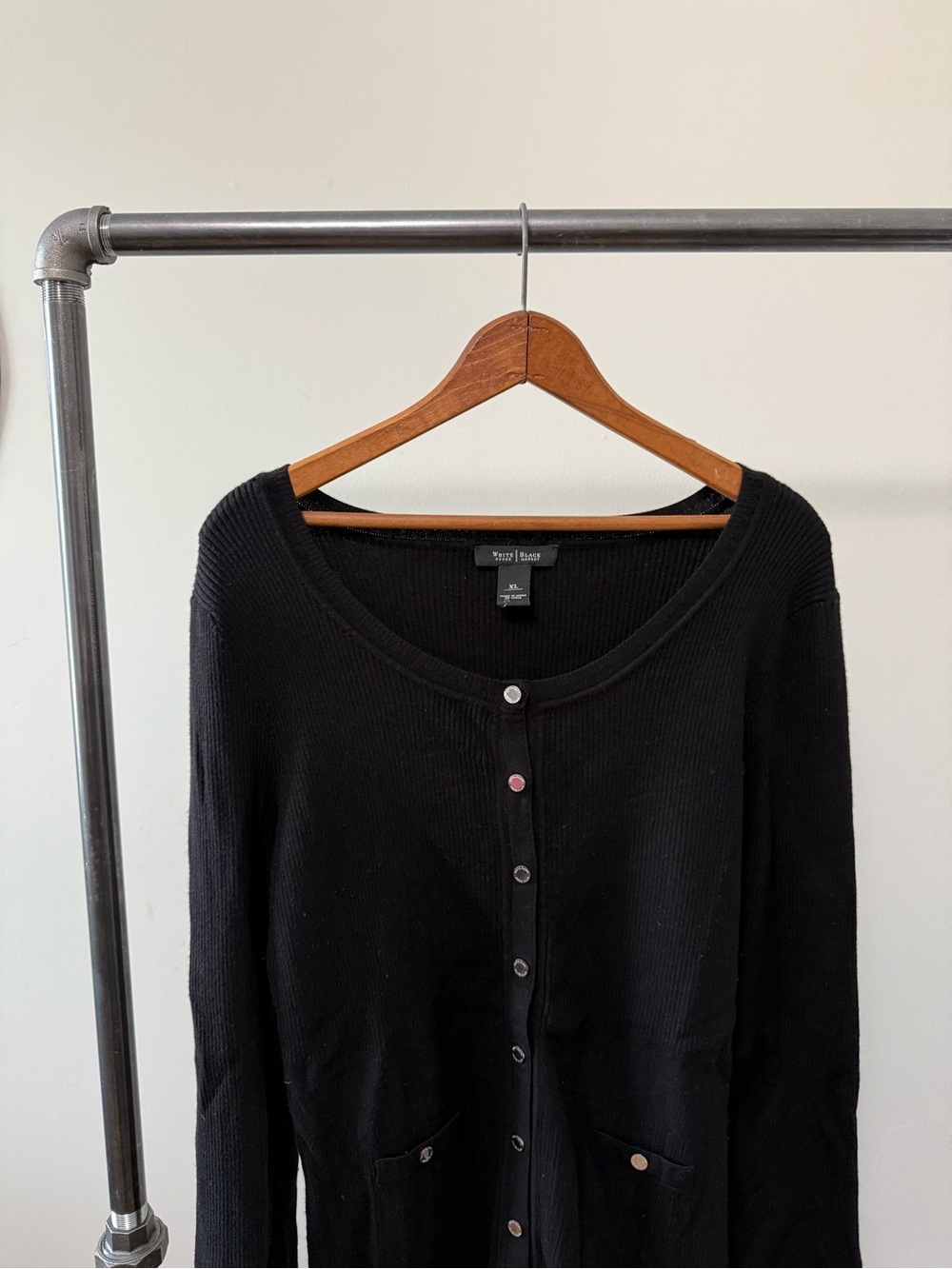White House Black Market Black Ribbed Scoop Cardigan with Snap Front